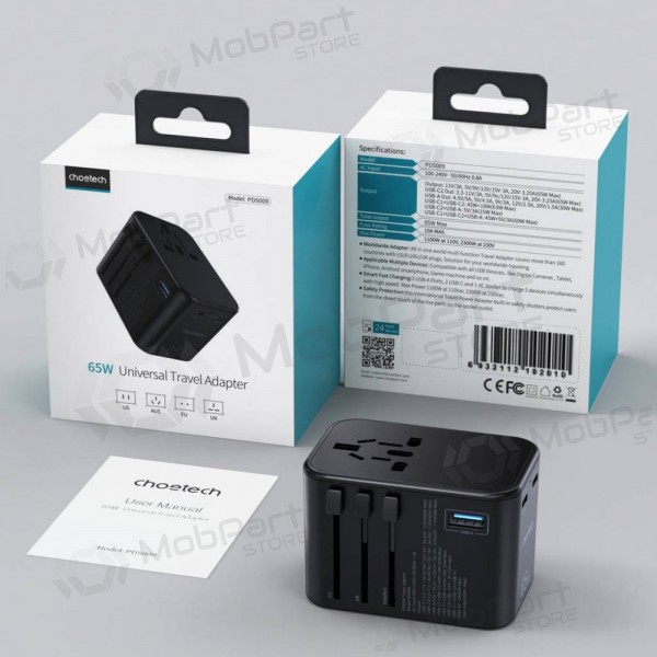 Universal kelioninis Ladegerät Choetech PD5009 65W 2xUSB-C/USB-A Schwarz