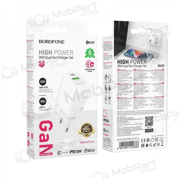 Ladegerät Borofone BN29 30W USB-C/USB-A + USB-C to Lightning cable 1.0m Weiß