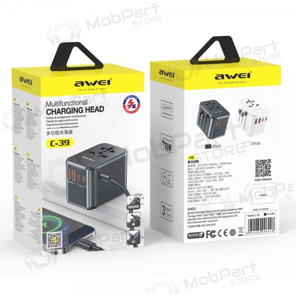 Universal kelioninis Ladegerät Awei C-39 GaN 35W 2xUSB-A/3xUSB-C Schwarz