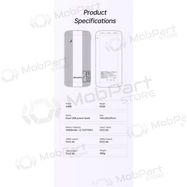 Externe Batterie Power Bank Awei P19K 5V/2.4A 20000mAh Schwarz