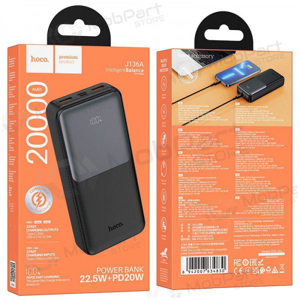 Externe Batterie Power Bank Hoco J136A 22.5W+PD20W 20000mAh Schwarz Externe Batterie Power Bank Hoco J136A 22.5W+PD20W 20000mAh Schwarz