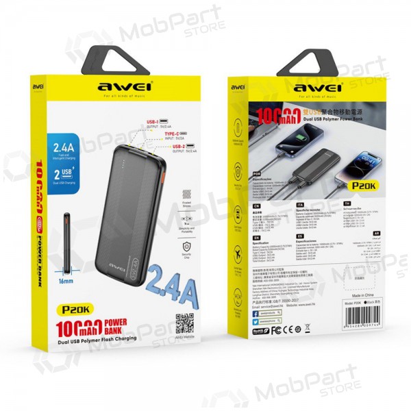 Externe Batterie Power Bank Awei P20K 5V/2.4A 10000mAh Schwarz