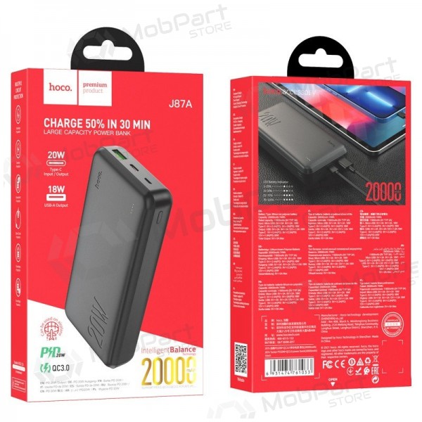 Externe Batterie Power Bank Hoco J87A Type-C PD 20W+Quick Charge 3.0 20000mAh Schwarz